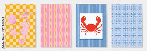 Photos Summer sea poster collection with shells, seahorse, crab, waves, checkerboard, coastal tile patterns vector set