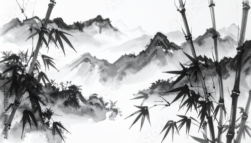 Serene Bamboo Forest and Mountain Landscape in Ink Wash Painting.