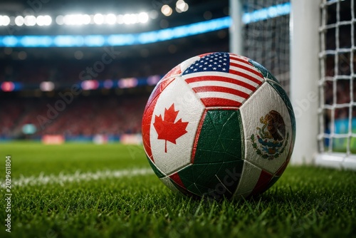Soccer ball with flags of usa, canada and mexico on stadium grass
