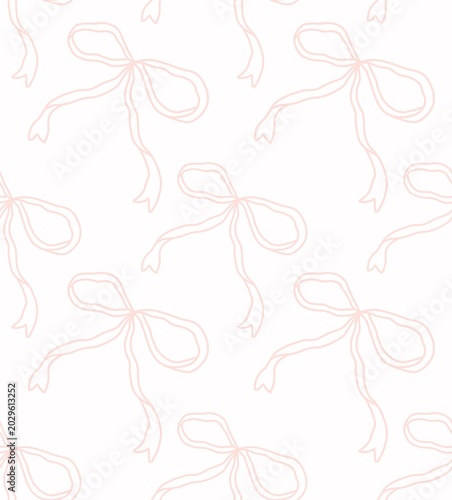 Minimalist pink ribbon bow seamless pattern outline illustration on white background
