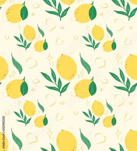 Cute hand drawn lemon seamless pattern with green leaves and sparkle elements on beige background