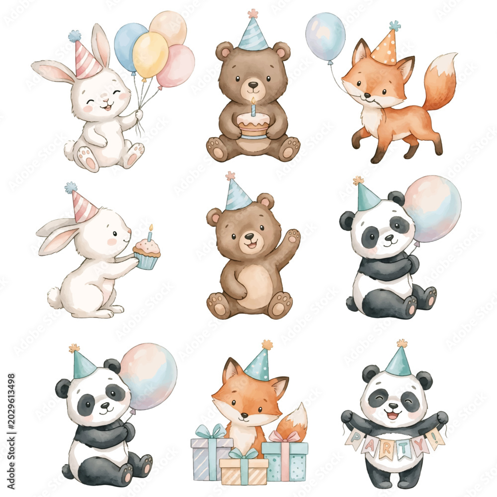 Fototapeta premium Cartoon animal birthday collection with cat dog rabbit pig cow bear lion mouse and horse icons