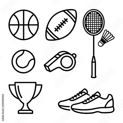 Sports equipment icons including balls and shoes are illustrated