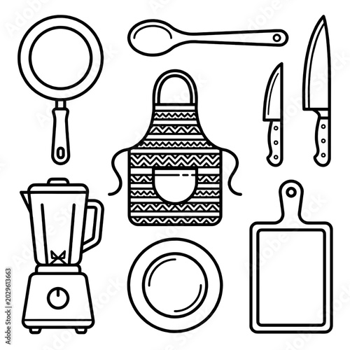 Kitchen utensils and appliances for cooking and food preparation indoors