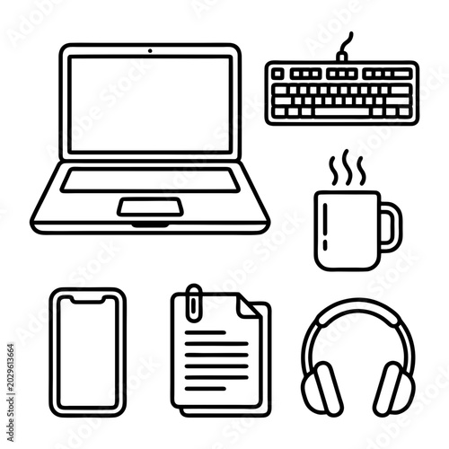 Office worker uses laptop, phone, and headphones with a cup of coffee and documents nearby.