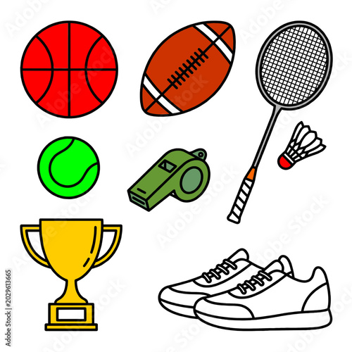 Sports equipment and trophies on display for competition event