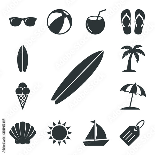 Beach icons show sunglasses, beach ball, flip flops, surfboard, palm tree, ice cream, umbrella, shell, sun, sailboat, and tag on white