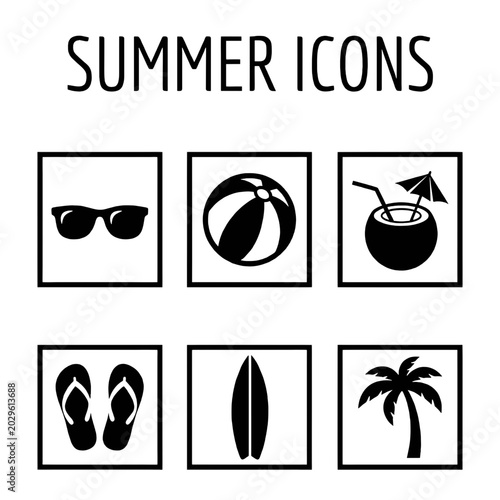 Summer icons including sunglasses beach ball coconut flip flops surfboard palm tree