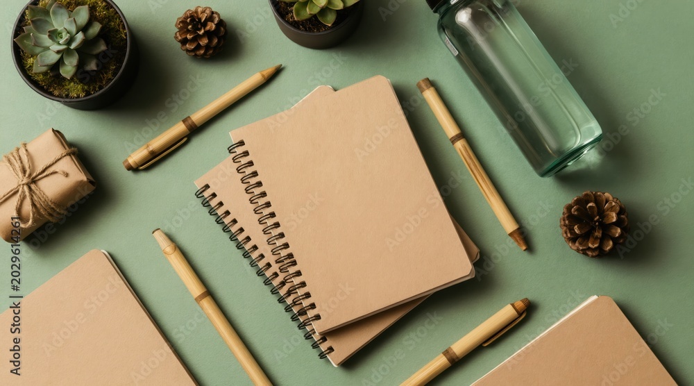 Eco friendly stationery set with notebooks pens reusable bottle plant decor. Natural materials for sustainable office work. Zero waste desk essentials.