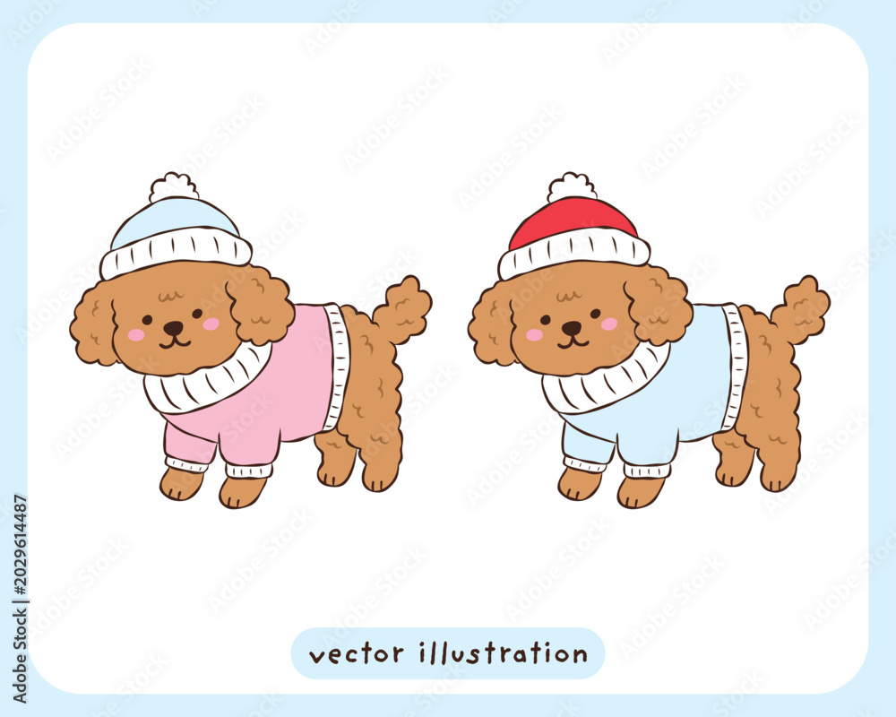 Naklejka premium Cute poodle puppy wearing winter clothes, cozy sweater and hat vector illustration