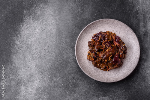 Canvastavla Chicken, duck, or goose liver with plums, onions, and spices