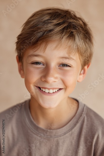 Close-up headshot of a cheerful boy with a bright toothy smile