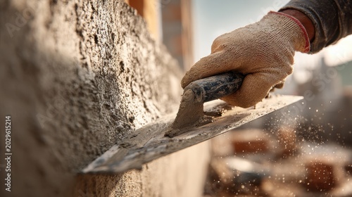 Close-up of a gloved hand guiding a mason's trowel as plaster is smoothed onto a cement wall