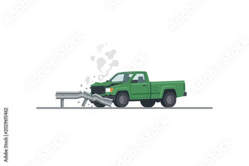 Green Pickup Truck Crashing into Guardrail with Engine Smoke