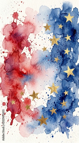Abstract watercolor red blue splashes with gold stars dynamic composition patriotic artistic celebratory theme