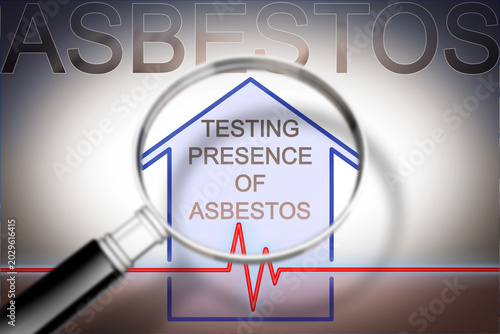 Test on the presence of asbestos in the construction materials of our homes - concept image with check-up chart about asbestos level testing and magnifying glass