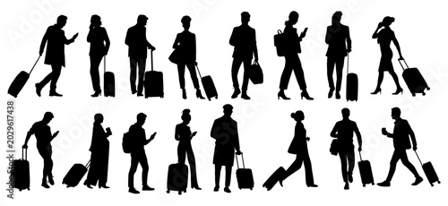 Quadro su tela Silhouettes of people in motion, carrying luggage