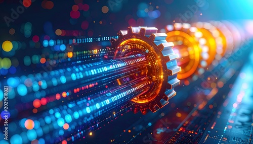 Colorful data streams flowing into digital gears, representing data processing, automation, and intelligent system integration.