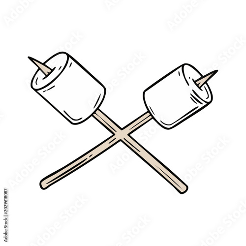Crossed Skewers with Toasted Marshmallows - Hand-Drawn Camping Treat Illustration