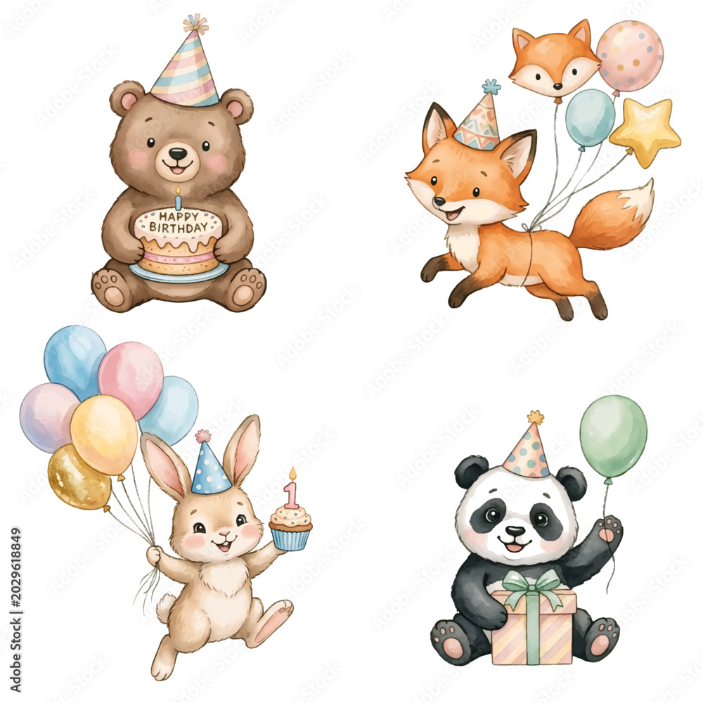 Naklejka premium Cartoon animal birthday collection with cat dog rabbit pig cow bear lion mouse and horse icons