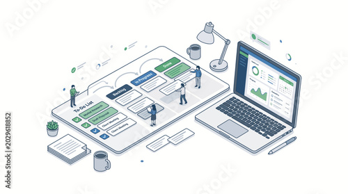 Business Team Collaborating on Digital Strategy and Analytics Dashboard on Isometric Workspace
