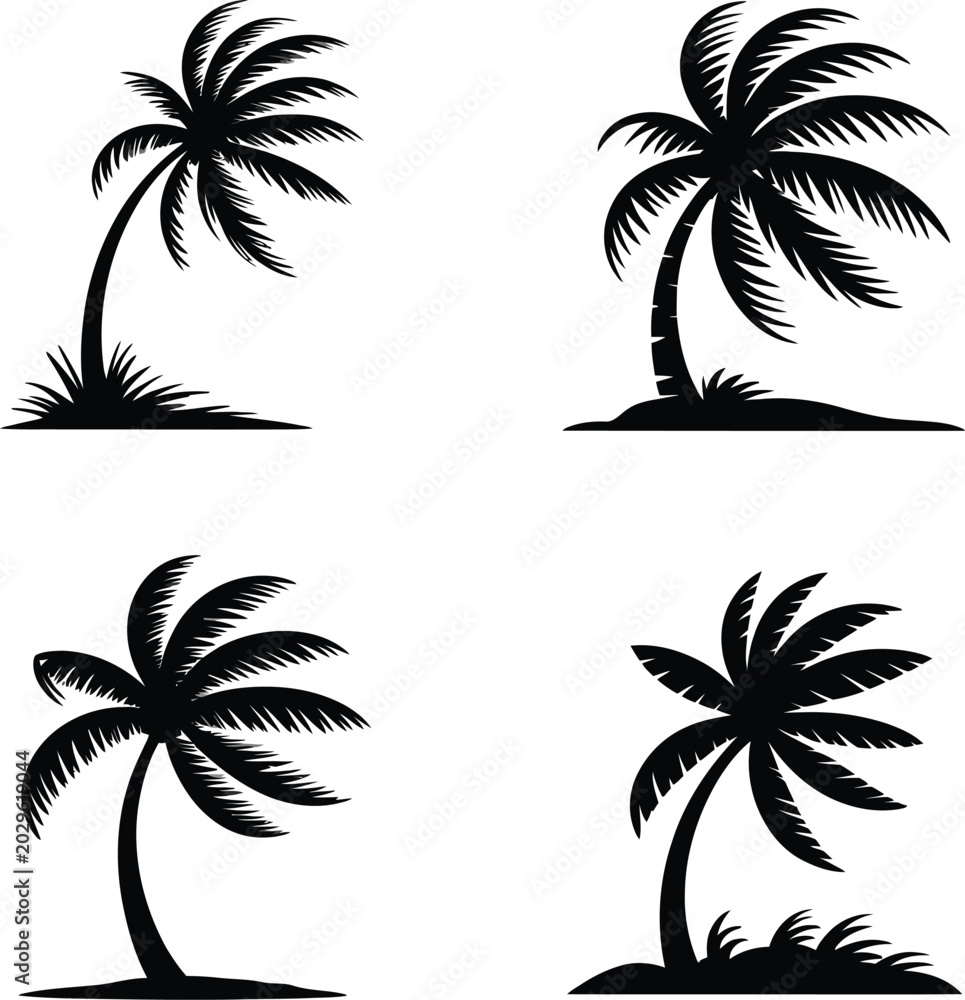 Fototapeta premium Four black palm tree silhouettes on white background