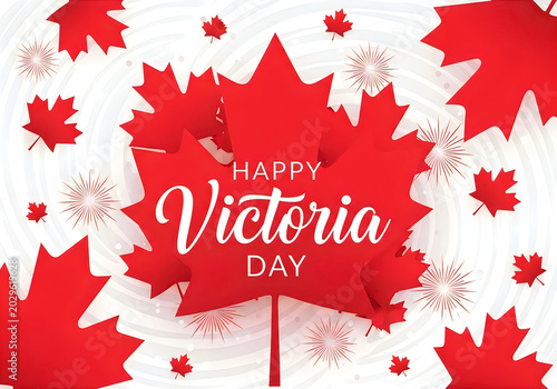 Happy Victoria Day Canada celebration with maple leaves and fireworks