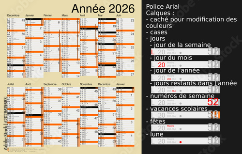 Calendrier 2026, calques, vacances scolaires, Saints, 14 mois