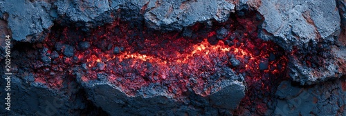 Molten lava glowing inside dark volcanic rock fissure displays intense heat and geological activity within a panoramic landscape view of a cooling magma field at night