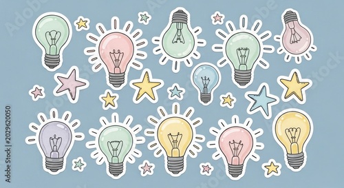 Light Bulbs and Stars Stickers on Blue Background