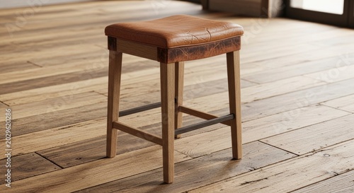 Bar Stool with Brown Leather Seat and Wooden Legs
