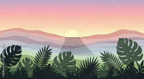 Tropical Leaf During Sunrise Over Mountain Landscape