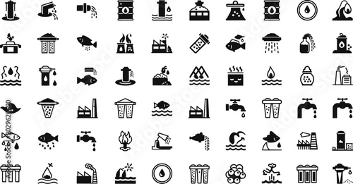 Water treatment icons display industrial purification processes, filtration systems, and urban plumbing infrastructure components.
