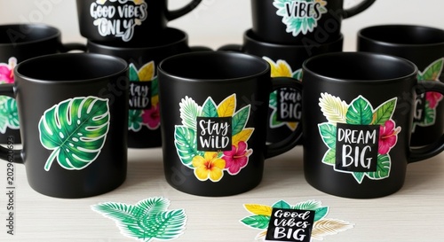 Black Mugs with Tropical Stickers
