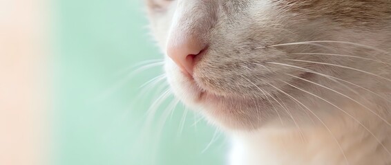 Close-up of cat nose and whiskers with soft pastel background for pet care, veterinary, and animal health concepts in advertising and design projects.