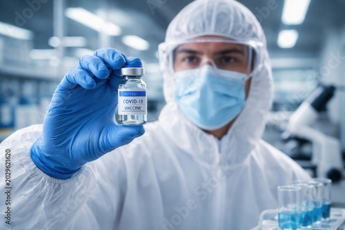 Scientist holding covid vaccine vial in laboratory wearing protective suit representing medical research