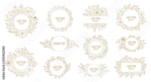 Set of Hand-drawn Floral Frames and Wreaths with Botanical Illustrations for Wedding Stationery, Logos, and Elegant Branding Design