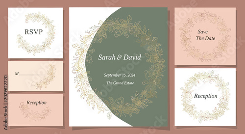 Elegant Wedding Stationery Set with Gold Floral Wreath Designs, Sage Green and Peach Invitation, RSVP, Save the Date and Reception Card Templates