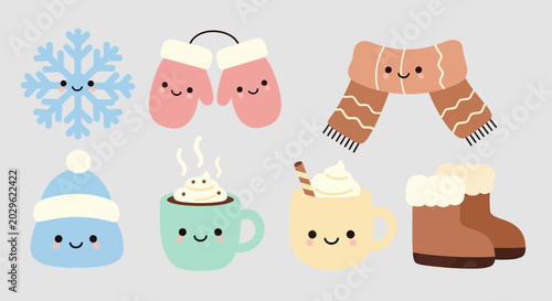 Cute Kawaii Winter Icon Set featuring Snowflake, Mittens, Scarf, Beanie Hat, Hot Chocolate Mugs and Winter Boots Vector Illustration