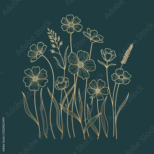 Golden Line Art Wildflowers and Meadow Grasses, Elegant Botanical Illustration Vector on Dark Background
