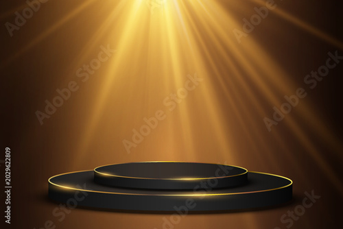 Fotografía Dark luxury podium with golden glowing edges showcasing a product against a radi