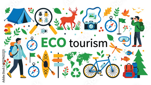 Photos Ecotourism icon set with camping and outdoor activity equipment flat