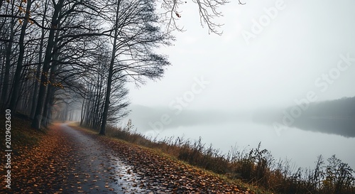 Roadside view of a lake and bare trees shrouded in fog during autumn