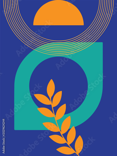 blue abstract bacground with leaf and geometric ornament