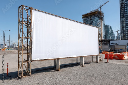 Unbranded white advertising banner stretched across a temporary fence around a worksite