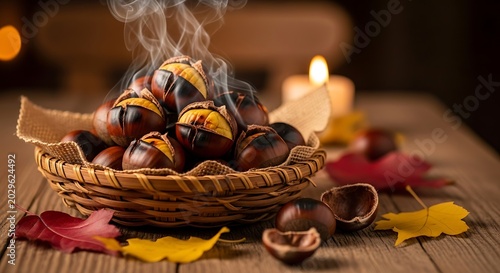 Roasted chestnuts in a rustic wicker basket on wooden surface with foliage