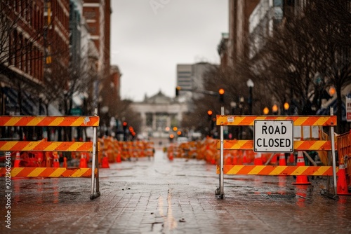 Urban street blocked by metal barricades and orange cones during a council road closure
