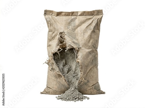 Torn beige cement bag with concrete spilling out hole