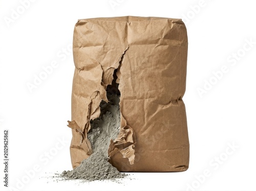 Torn brown paper bag with gray concrete powder spilling out cement gray powder