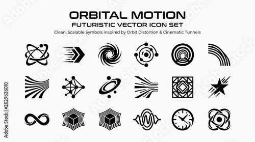 Orbital motion futuristic vector icon collection with cybernetic swirl technology symbols digital interface graphics and modern sci fi monochrome design for startup branding and app systems
